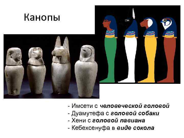 Канопы - Имсети с человеческой головой - Дуамутефа с головой собаки - Хени с