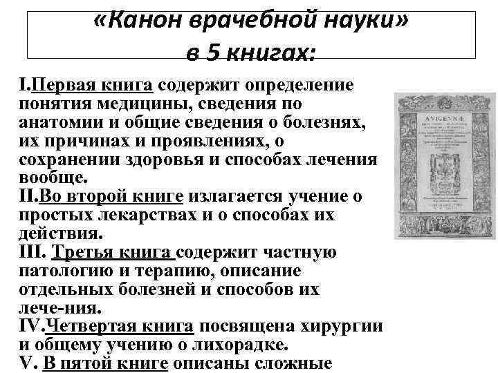  «Канон врачебной науки» в 5 книгах: I. Первая книга содержит определение понятия медицины,