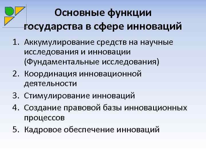 Основные функции государства в сфере инноваций 1. Аккумулирование средств на научные исследования и инновации