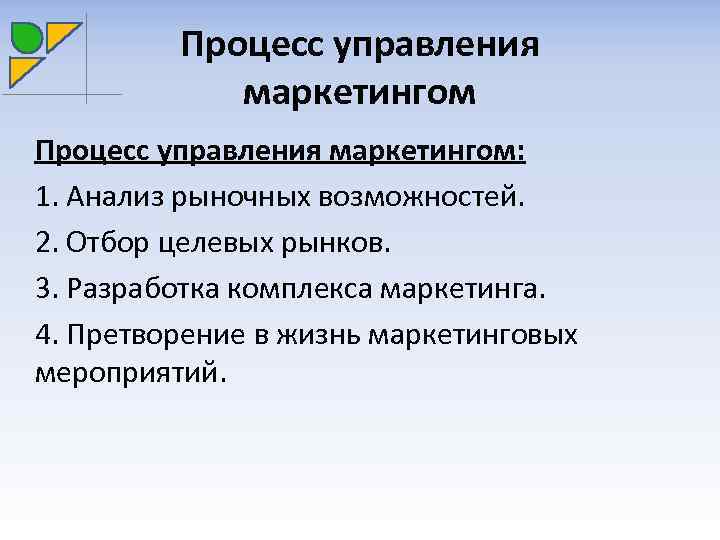 Процесс управления маркетингом: 1. Анализ рыночных возможностей. 2. Отбор целевых рынков. 3. Разработка комплекса
