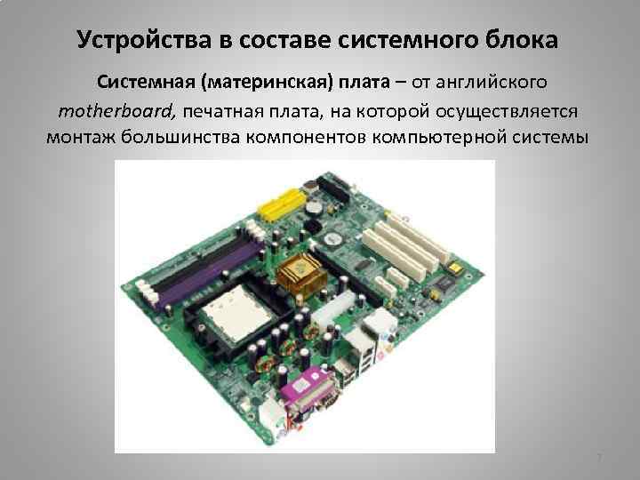 Устройства в составе системного блока Системная (материнская) плата – от английского motherboard, печатная плата,