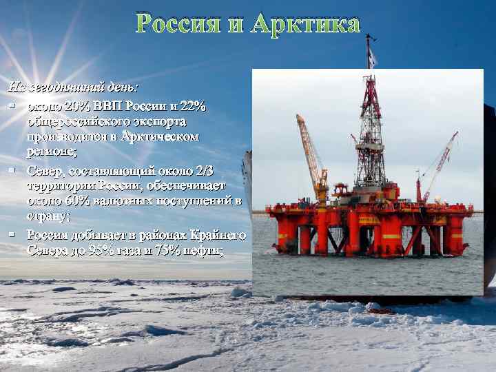 Россия и Арктика На сегодняшний день: около 20% ВВП России и 22% общероссийского экспорта