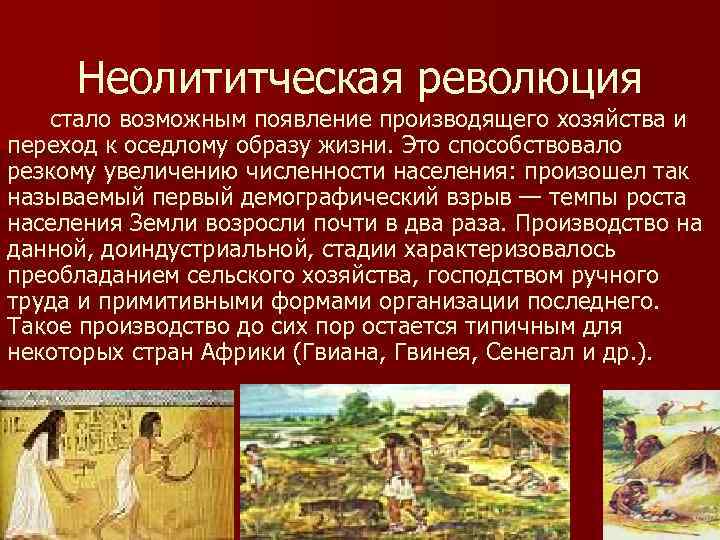 Неолититческая революция стало возможным появление производящего хозяйства и переход к оседлому образу жизни. Это