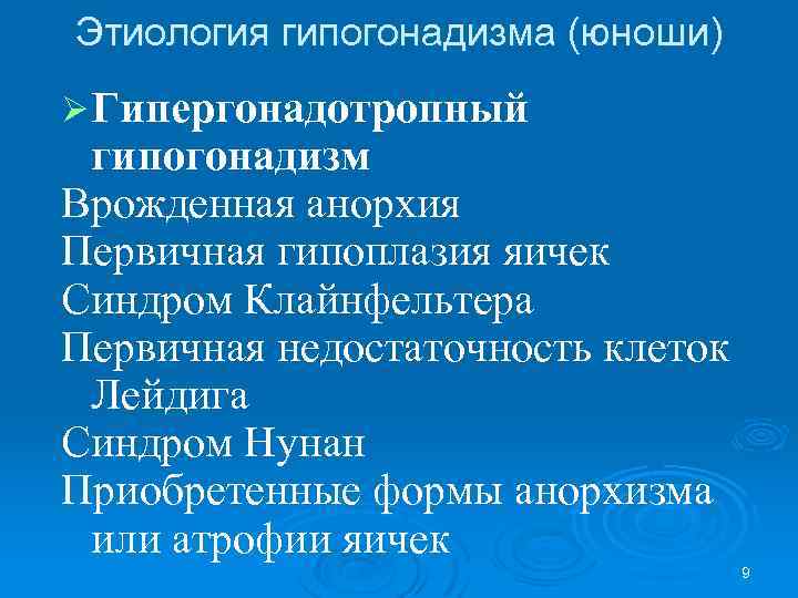 Этиология гипогонадизма (юноши) Ø Гипергонадотропный гипогонадизм Врожденная анорхия Первичная гипоплазия яичек Синдром Клайнфельтера Первичная