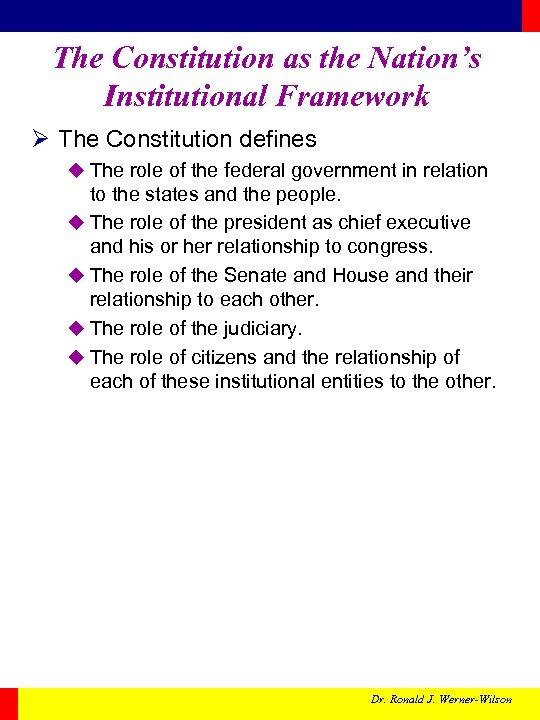 The Constitution as the Nation’s Institutional Framework Ø The Constitution defines u The role