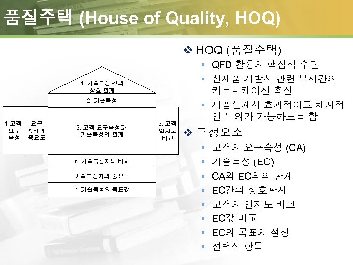 품질주택 (House of Quality, HOQ) v HOQ (품질주택) 4. 기술특성 간의 상호 관계 2.