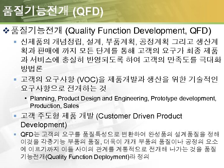 품질기능전개 (QFD) v 품질기능전개 (Quality Function Development, QFD) § 신제품의 개념정립, 설계, 부품계획, 공정계획