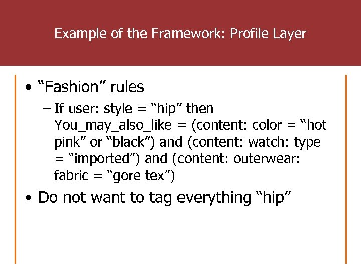 Example of the Framework: Profile Layer • “Fashion” rules – If user: style =