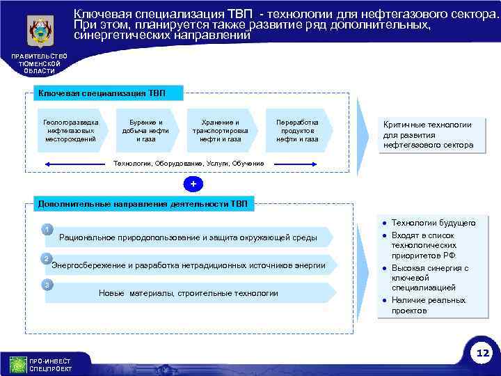 Ключевая специализация ТВП - технологии для нефтегазового сектора. При этом, планируется также развитие ряд