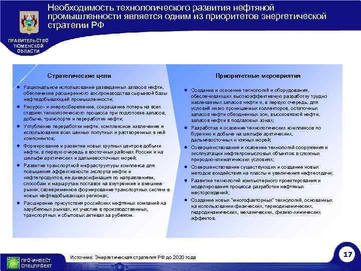 Необходимость технологического развития нефтяной промышленности является одним из приоритетов энергетической стратегии РФ ПРАВИТЕЛЬСТВО ТЮМЕНСКОЙ