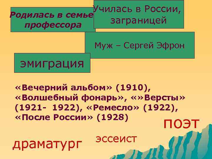 Училась в России, Родилась в семье заграницей профессора Муж – Сергей Эфрон эмиграция «Вечерний