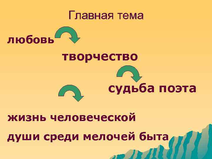 Главная тема любовь творчество судьба поэта жизнь человеческой души среди мелочей быта 