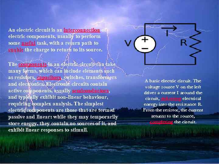 An electric circuit is an interconnection of electric components, usually to perform some useful