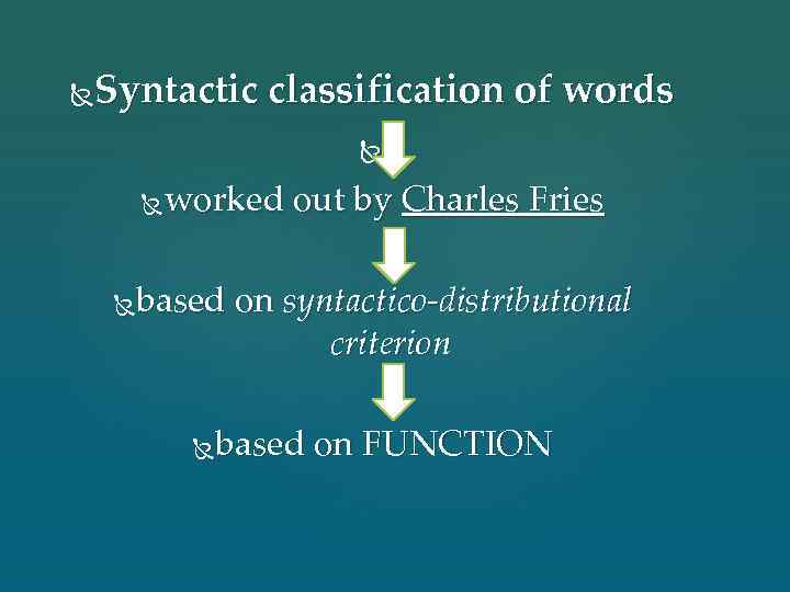 Syntactic classification of words worked out by Charles Fries based on syntactico-distributional criterion based