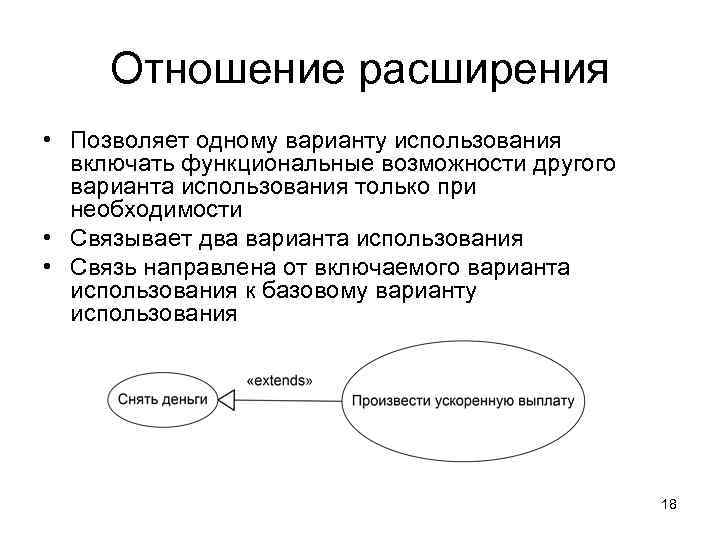 Отношение расширения • Позволяет одному варианту использования включать функциональные возможности другого варианта использования только