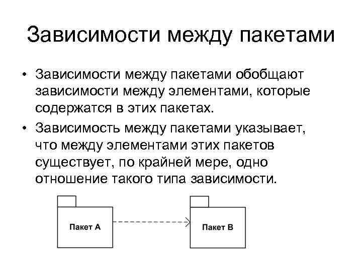 Зависимости между пакетами • Зависимости между пакетами обобщают зависимости между элементами, которые содержатся в