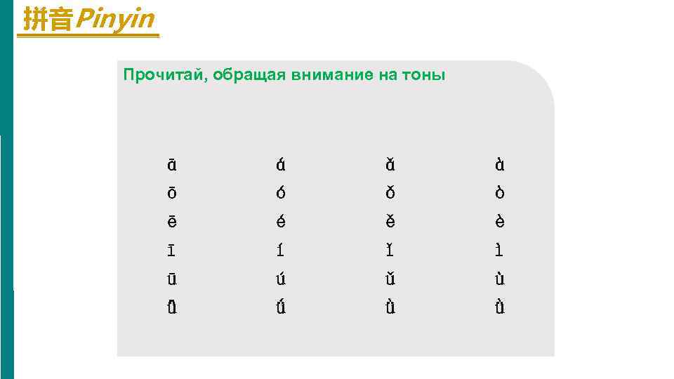 拼音Pinyin Прочитай, обращая внимание на тоны ā ō ē ī ū ǖ á ó