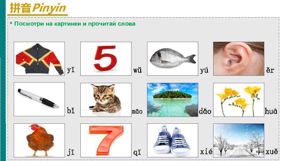 拼音Pinyin • Посмотри на картинки и прочитай слова yī wǔ yú ěr bǐ māo