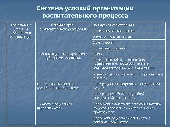 Система условий организации воспитательного процесса Требования к условиям воспитания и социализации Создание среды образовательного