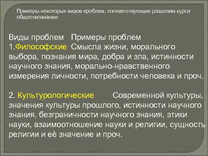 Примеры некоторых видов проблем, соответствующие разделам курса обществознания: Виды проблем Примеры проблем 1. Философские