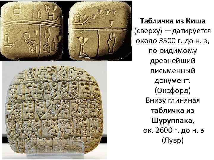 Табличка из Киша (сверху) —датируется около 3500 г. до н. э, по-видимому древнейший письменный