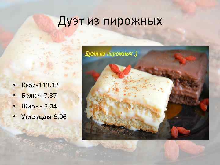 Дуэт из пирожных • • Ккал-113. 12 Белки- 7. 37 Жиры- 5. 04 Углеводы-9.