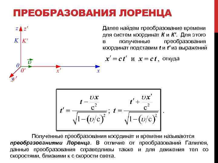 ПРЕОБРАЗОВАНИЯ ЛОРЕНЦА Далее найдем преобразование времени для систем координат К и К'. Для этого