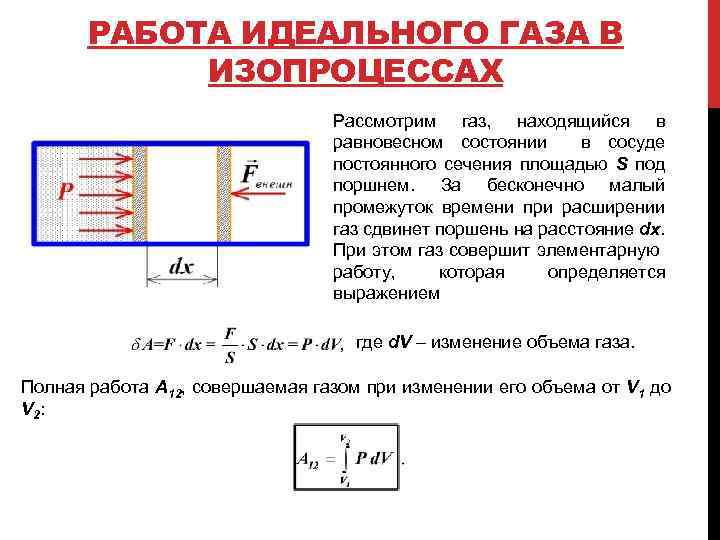 РАБОТА ИДЕАЛЬНОГО ГАЗА В ИЗОПРОЦЕССАХ Рассмотрим газ, находящийся в равновесном состоянии в сосуде постоянного