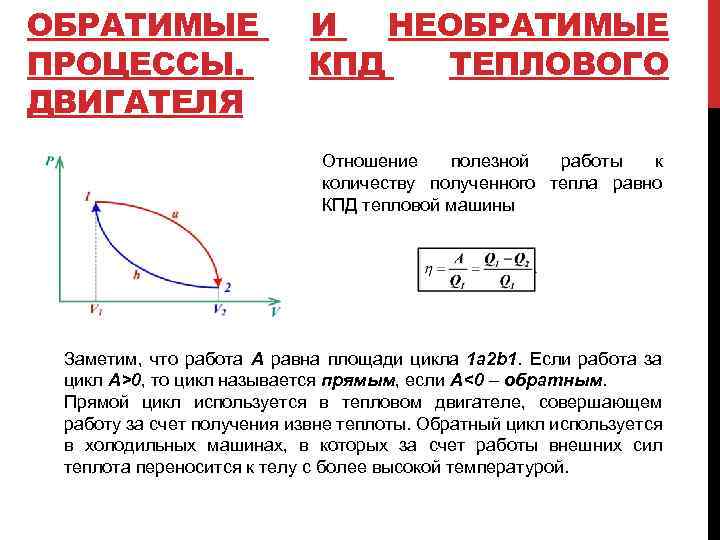 ОБРАТИМЫЕ ПРОЦЕССЫ. ДВИГАТЕЛЯ И НЕОБРАТИМЫЕ КПД ТЕПЛОВОГО Отношение полезной работы к количеству полученного тепла