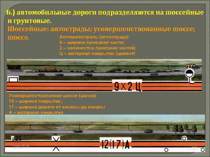 Б. ) автомобильные дороги подразделяются на шоссейные и грунтовые. Шоссейные: автострады; усовершенствованные шоссе; Автомагистраль