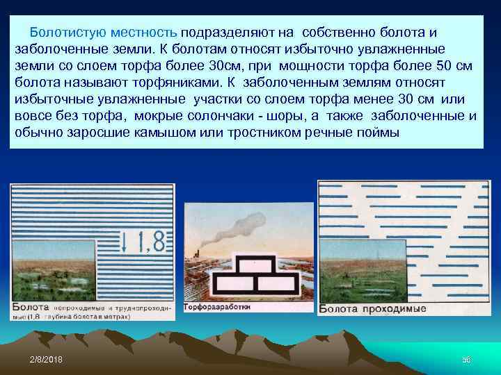 Болотистую местность подразделяют на собственно болота и заболоченные земли. К болотам относят избыточно увлажненные