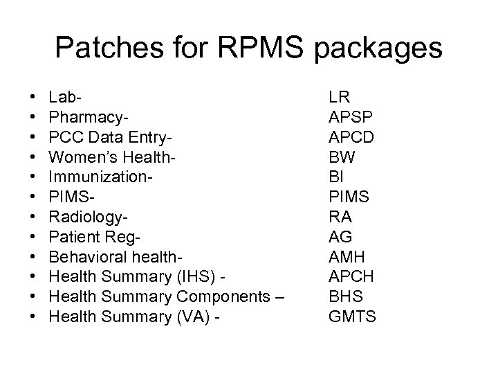 Patches for RPMS packages • • • Lab. Pharmacy. PCC Data Entry. Women’s Health.