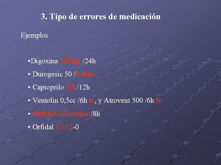 3. Tipo de errores de medicación Ejemplos • Digoxina 125 mg /24 h •