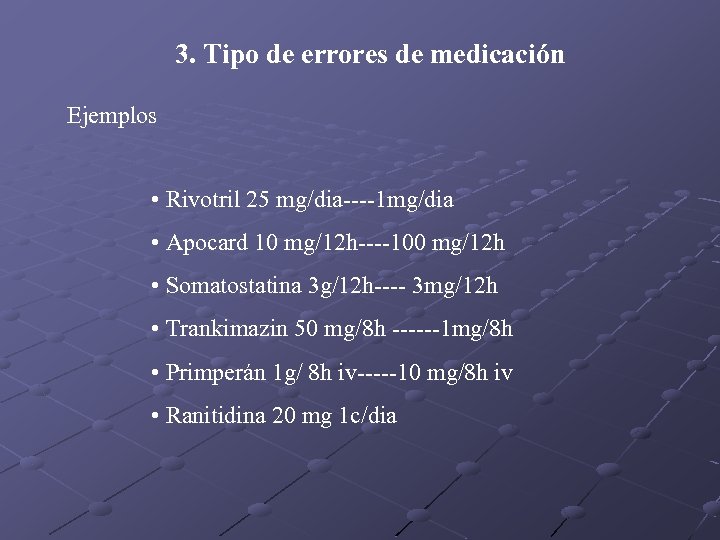 3. Tipo de errores de medicación Ejemplos • Rivotril 25 mg/dia----1 mg/dia • Apocard