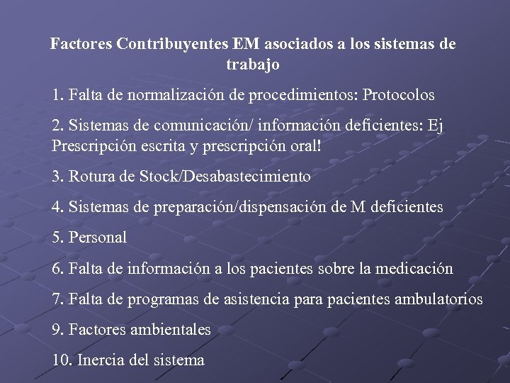 Factores Contribuyentes EM asociados a los sistemas de trabajo 1. Falta de normalización de