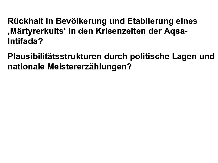 Rückhalt in Bevölkerung und Etablierung eines ‚Märtyrerkults‘ in den Krisenzeiten der Aqsa. Intifada? Plausibilitätsstrukturen