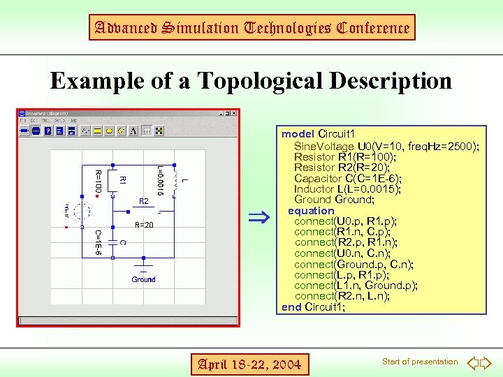 Advanced Simulation Technologies Conference Example of a Topological Description model Circuit 1 Sine. Voltage