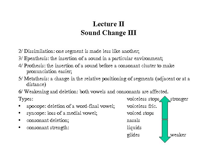 Lecture II Sound Change III 2/ Dissimilation: one segment is made less like another;