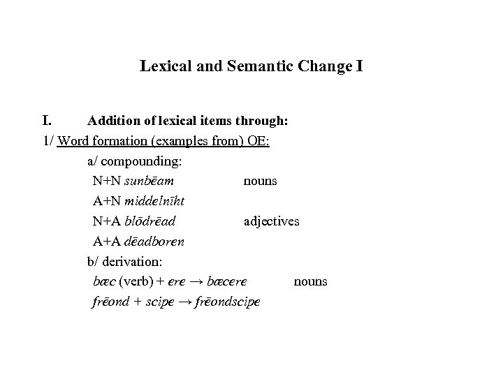 Lexical and Semantic Change I I. Addition of lexical items through: 1/ Word formation