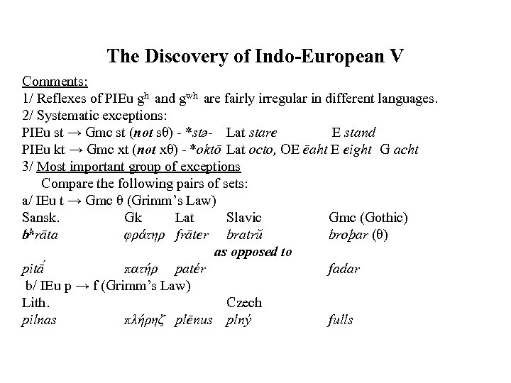 The Discovery of Indo-European V Comments: 1/ Reflexes of PIEu gh and gwh are