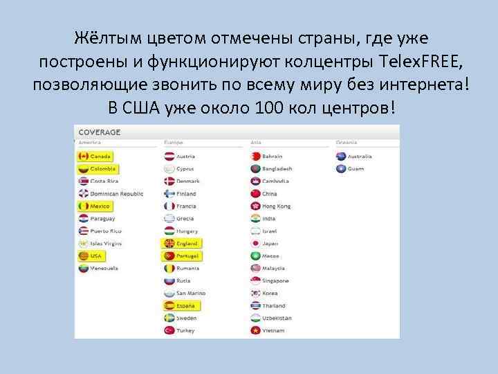 Жёлтым цветом отмечены страны, где уже построены и функционируют колцентры Telex. FREE, позволяющие звонить