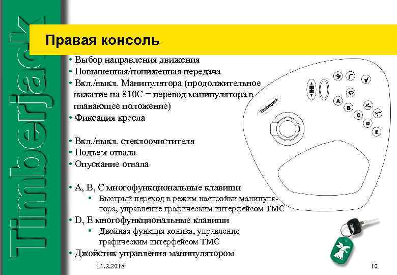 Правая консоль • Выбор направления движения • Повышенная/пониженная передача • Вкл. /выкл. Манипулятора (продолжительное