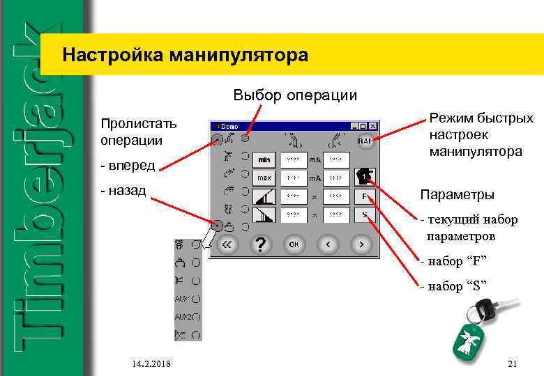 Настройка манипулятора Выбор операции Пролистать операции - вперед - назад Режим быстрых настроек манипулятора