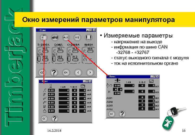Окно измерений параметров манипулятора • Измеряемые параметры - напряжение на выходе - инфрмация по