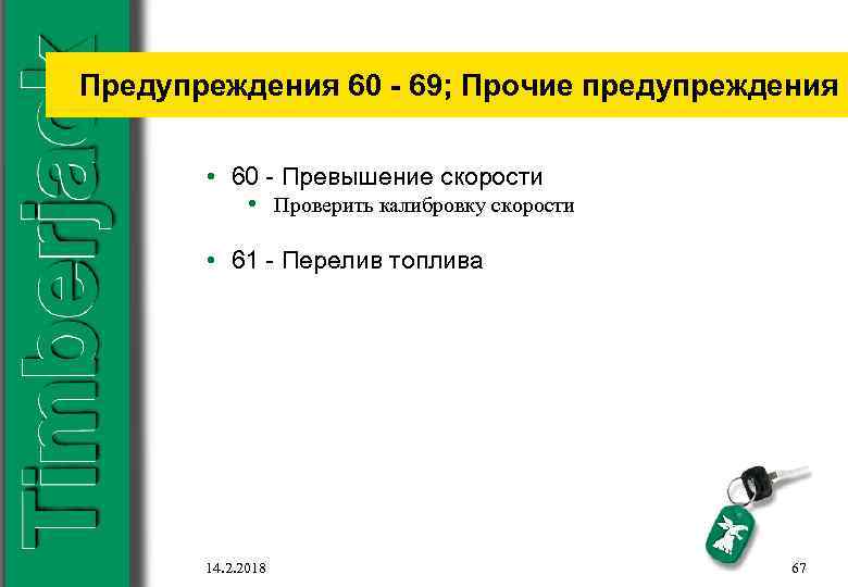 Предупреждения 60 - 69; Прочие предупреждения • 60 - Превышение скорости • Проверить калибровку