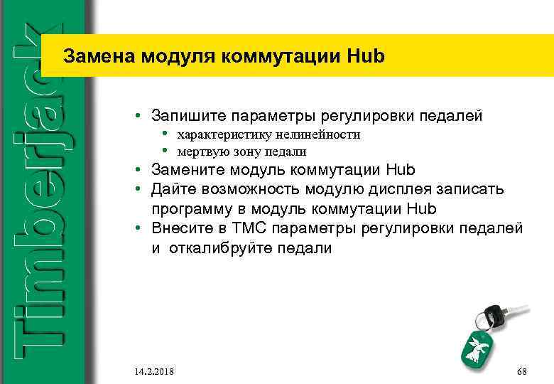 Замена модуля коммутации Hub • Запишите параметры регулировки педалей • характеристику нелинейности • мертвую