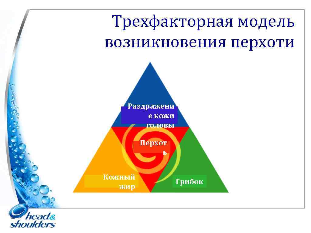 Трехфакторная модель возникновения перхоти Раздражени е кожи головы Перхот ь Кожный жир Грибок 