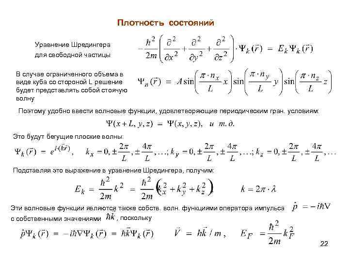 Плотность состояний Уравнение Шредингера для свободной частицы В случае ограниченного объема в виде куба