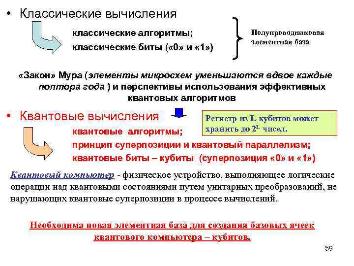  • Классические вычисления классические алгоритмы; классические биты ( « 0» и « 1»