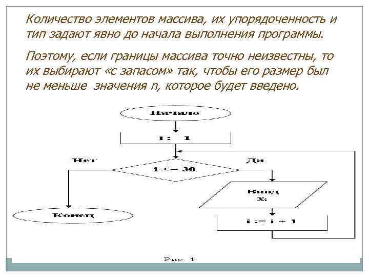 Количество элементов массива, их упорядоченность и тип задают явно до начала выполнения программы. Поэтому,